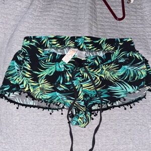 Tropical Leaf Print Shorts with Pom Pom Trim